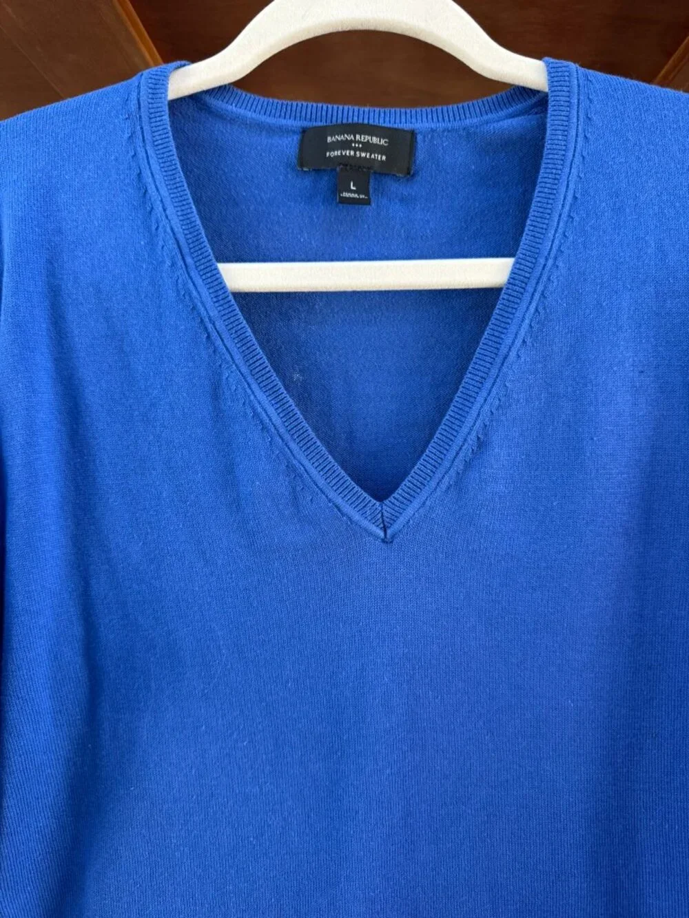 Banana Republic Forever Sweater Blue V-Neck Knit Pullover Large Cotton Blend